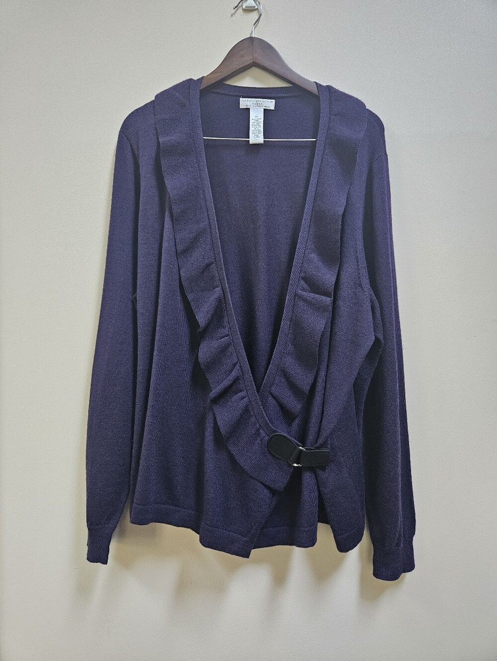 Sarah Spencer Woman 3X Dark Purple 100% Merino Wool Ruffle Buckle Wrap Cardigan